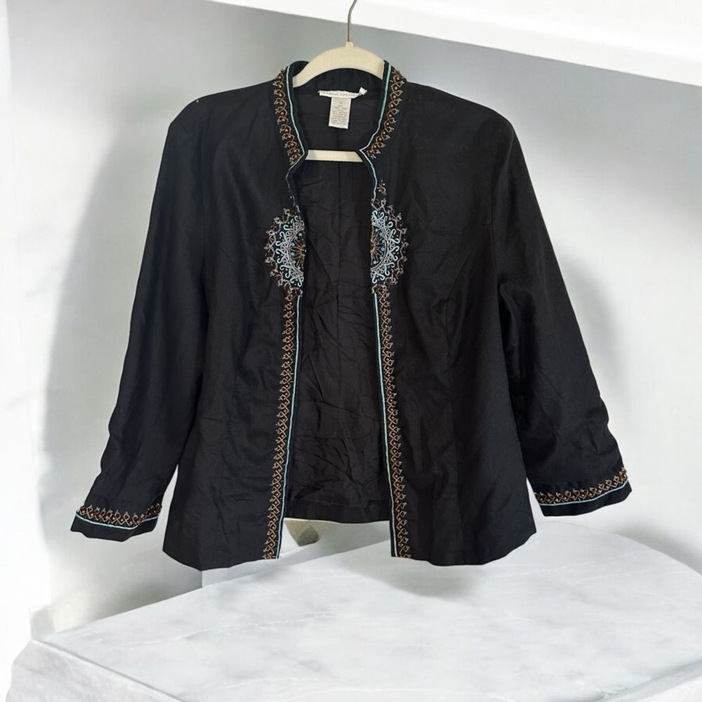 Sarah Spencer Jacket Black 12 Womens Linen Beaded Embroidered Boho Open Front - Picture 13 of 13